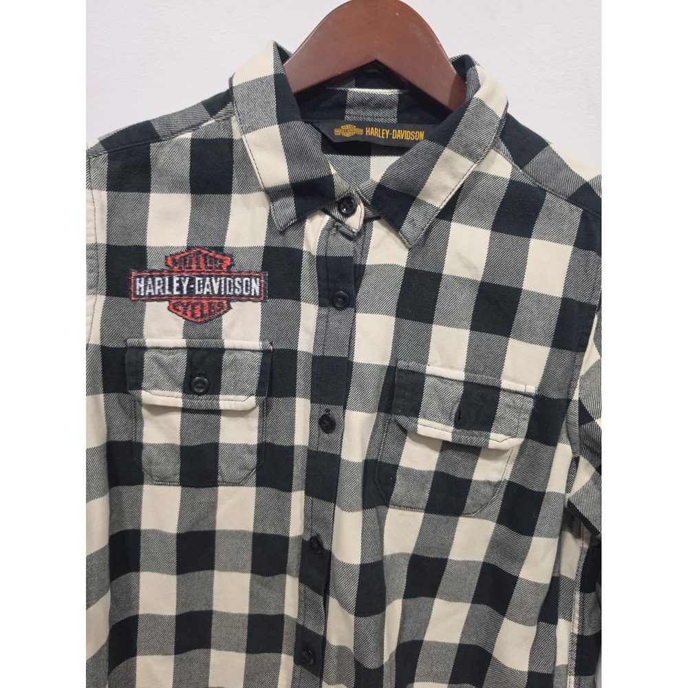 Harley-Davidson Women's Flannel Shirt Medium V-Twin Black & Cream Buffalo Plaid